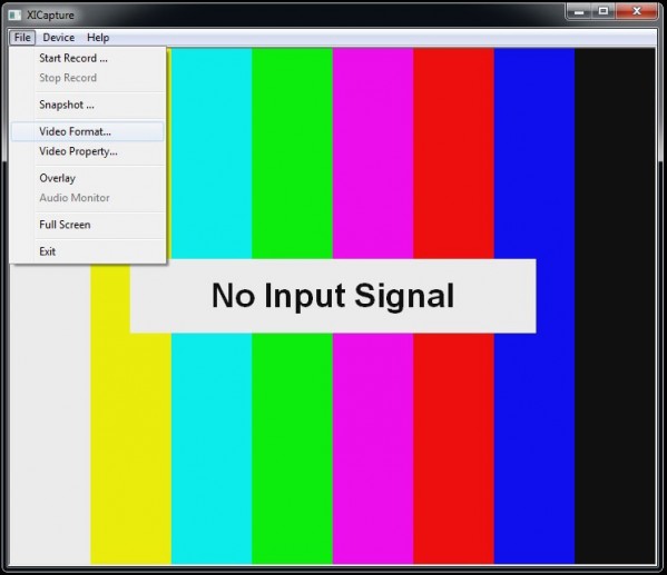 Manufacturer supplied capture software. Options for Video Format and Video Property.