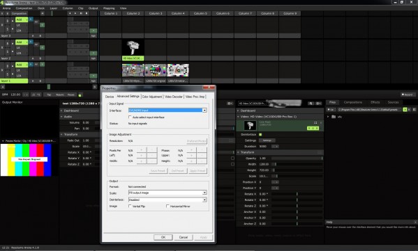 In Resolume, the Settings option opens the same driver menu as the capture cards' Video Property' option. No optional fps settings.