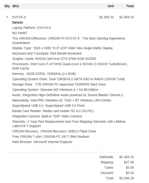 Origin EVO15-S order