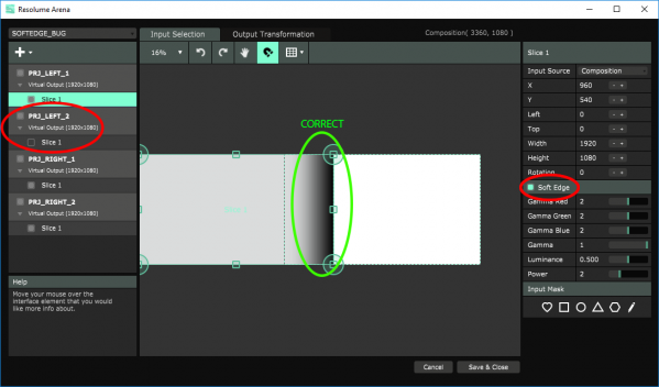 Correct soft edge using only 2 projectors