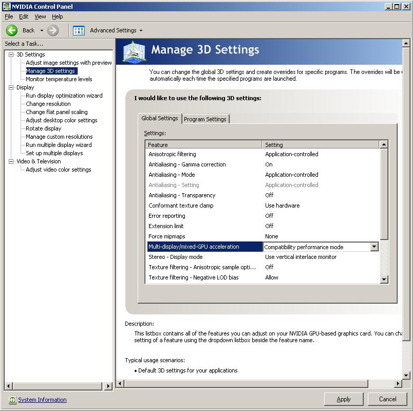 screenshot NVIDIA cotrol panel