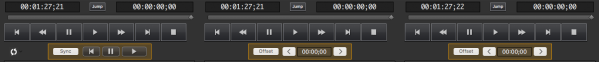 The 3 channels, with Ch. 1 as the &quot;lead master&quot; for Channels 2 and 3 to &quot;follow.&quot; Sliding the timeline or entering a start timecode and pressing the &quot;SYNC&quot; button (only on Ch. 1 on the far left) cues all other channels, and pressing PLAY to the right of SYNC (in the yellow-border box) plays everything exactly in sync.