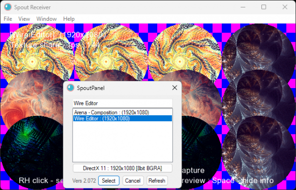 260212 spxlSpoutOut 03 - Spout Receiver, Resolume texture sharing enabled (available), spxlSpoutOut effect active (not available), Wire editor Spout Out active (available).png